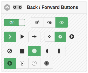 Forward and back button controls showing settings for visibility, icon type, size, shape and color