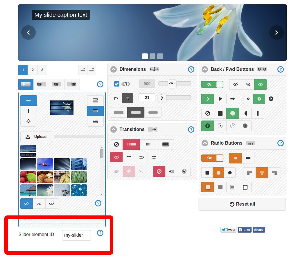 Screenshot showing Image Slider Maker generator tool and highlighting the slider ID input
