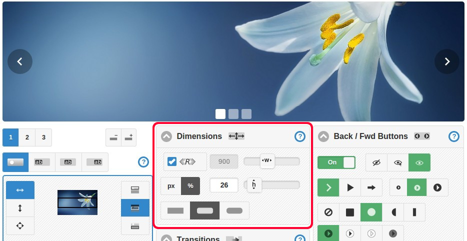 Screenshot of Image Slider Maker generator tool interface - showing dimensions settings