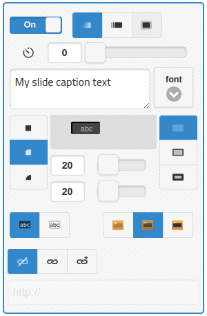 Caption controls showing settings for display effect, delay, caption text, font, positioning, styling and hyperlink